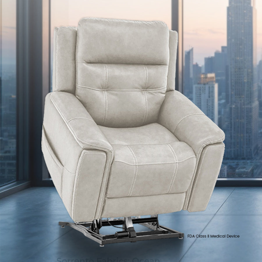 Mega Motion MM-3975 iNFI Elite Infinite Position Leather Lift Chair in Dove Color; Lifestyle image in a room with awesome view from Wish Rock Relaxation