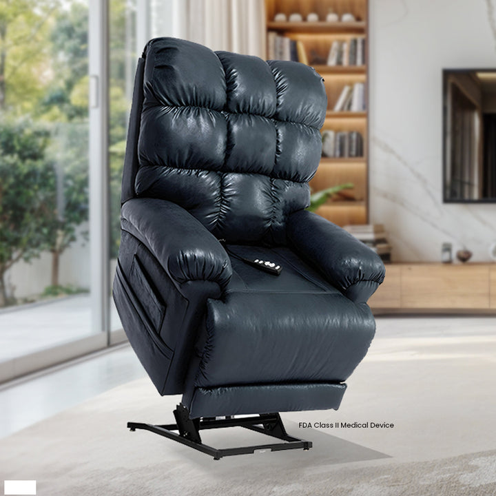 Mega Motion MM-1652 iNFI Poco Infinite Position Power Lift Chair in Navy upholstery; Lifestyle image set in a tidy, inviting room from Wish Rock Relaxation