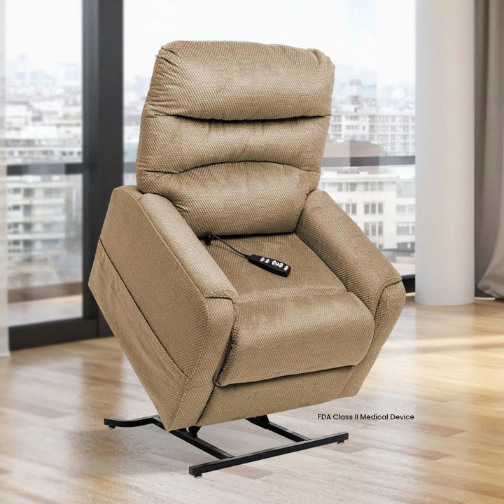 Mega Motion MM-3601 Trio Invigorate 3 Position Lift Chair in Stone color lift position; Lifestyle image in an inviting space from Wish Rock Relaxation