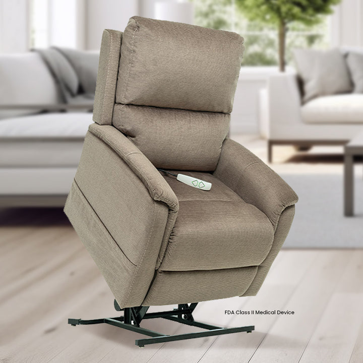 Mega Motion MM-3605 Trio Mezzo 3-Position Lift Chair in Taupe color lift position; Lifestyle image in an inviting vibe from Wish Rock Relaxation
