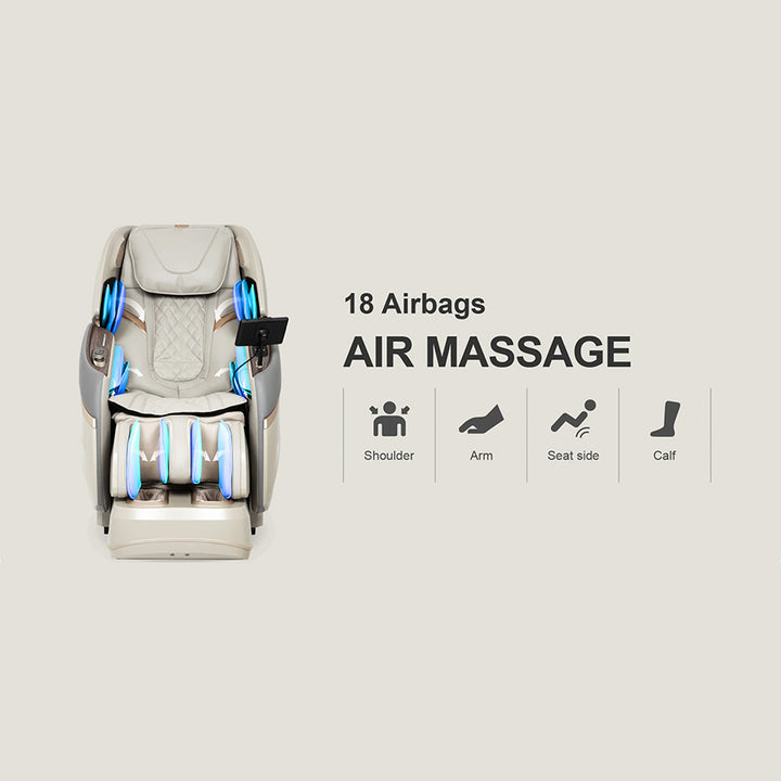 Osaki OS-Pro 4D Emperor Massage Chair in Taupe/Gray displaying 18 airbags for full body air massage from Wish Rock Relaxation.