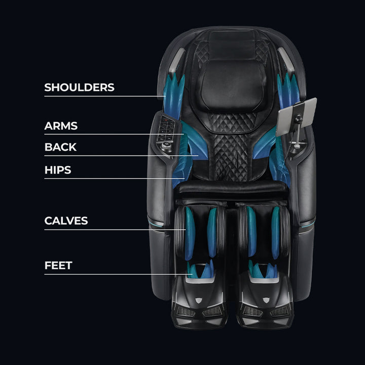 Osaki Trion Flex Duo 4D+3D Massage Chair in black. Top-down view highlighting full-body airbag coverage areas.