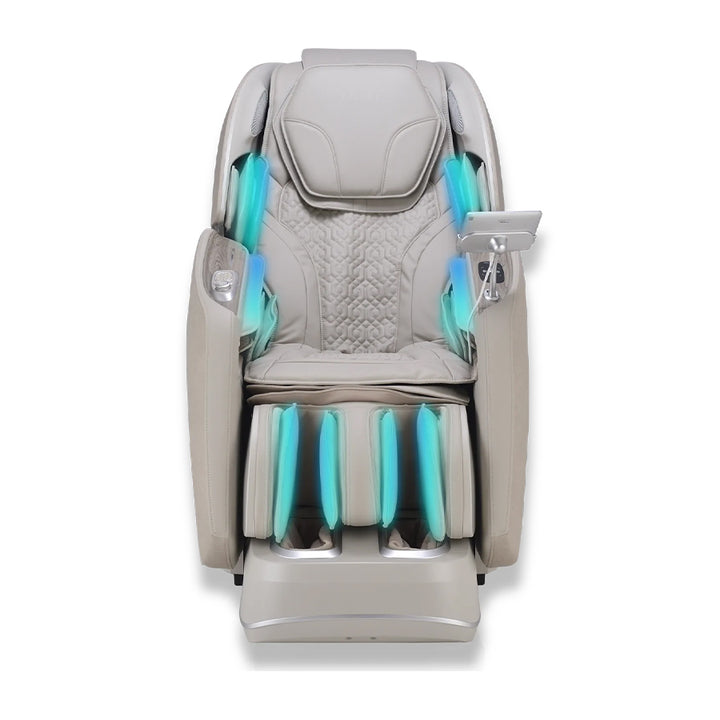Osaki Manhattan Duo Mech 4D Massage Chair in beige displaying full-body airbag system with glowing blue indicators.