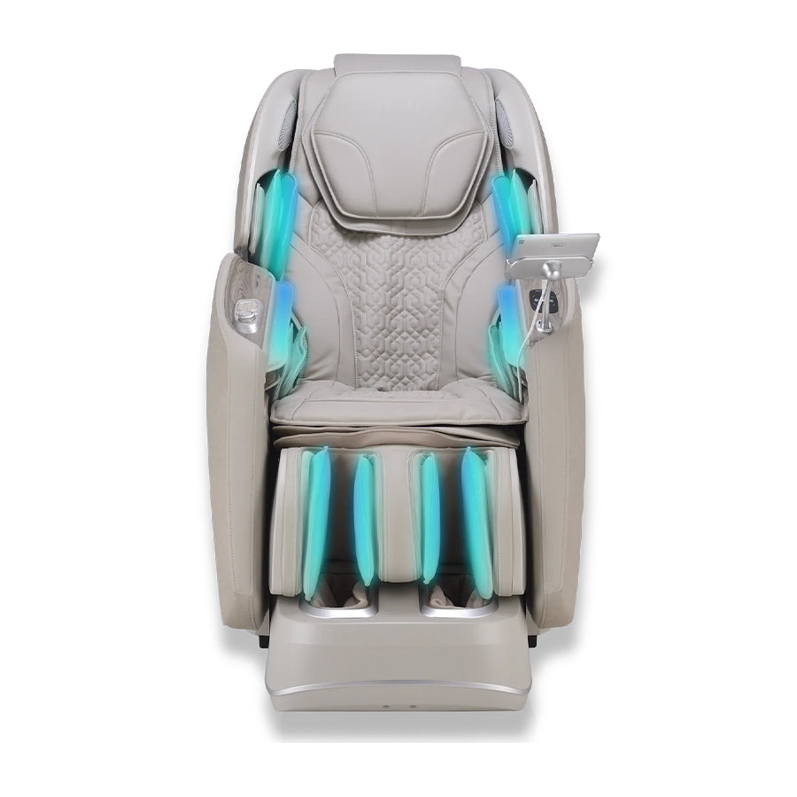 Osaki Manhattan Duo Mech 4D Massage Chair in beige displaying full-body airbag system with glowing blue indicators.