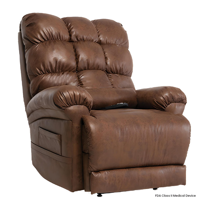 Mega Motion MM-1652 Watford Infinite Position Power Lift Chair in Cognac color shown in an upright seated position.
