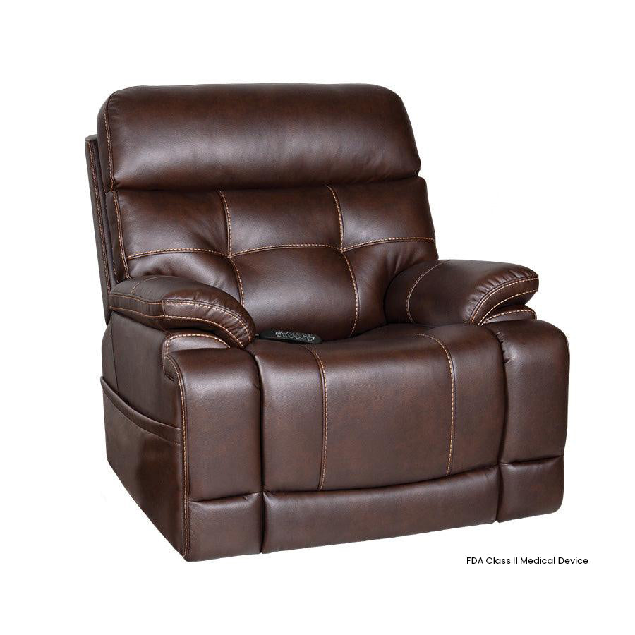Mega Motion MM-3815 Capriccio Large Infinite Position Lift Chair in Walnut color shown in an upright seated position.