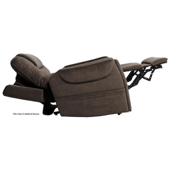 Mega Motion MM-3900 Arula Large Infinite Position Lift and Tilt Chair in Mink color shown fully reclined in a trendelenburg position where the legs are positioned higher than the chest to help with blood circulation and leg swelling.