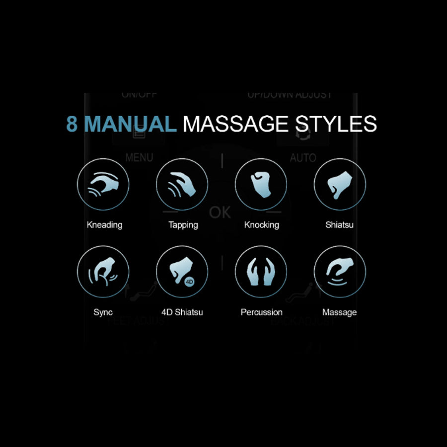 Osaki OS-Pro 4D Encore Massage Chair featuring 8 manual massage techniques.