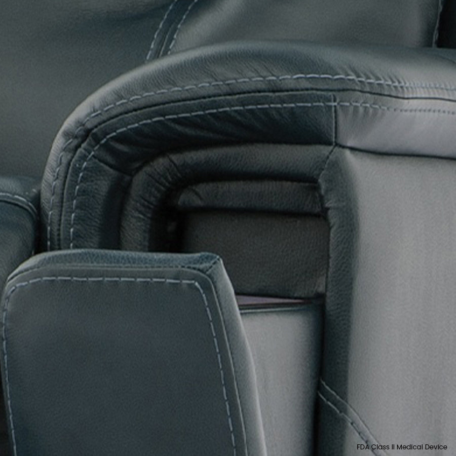 Mega Motion MM-3975 iNFI Elite Infinite Position Leather Lift Chair in Ocean Color showcasing Charging Dock / USB port that can be used while using the chair itself.