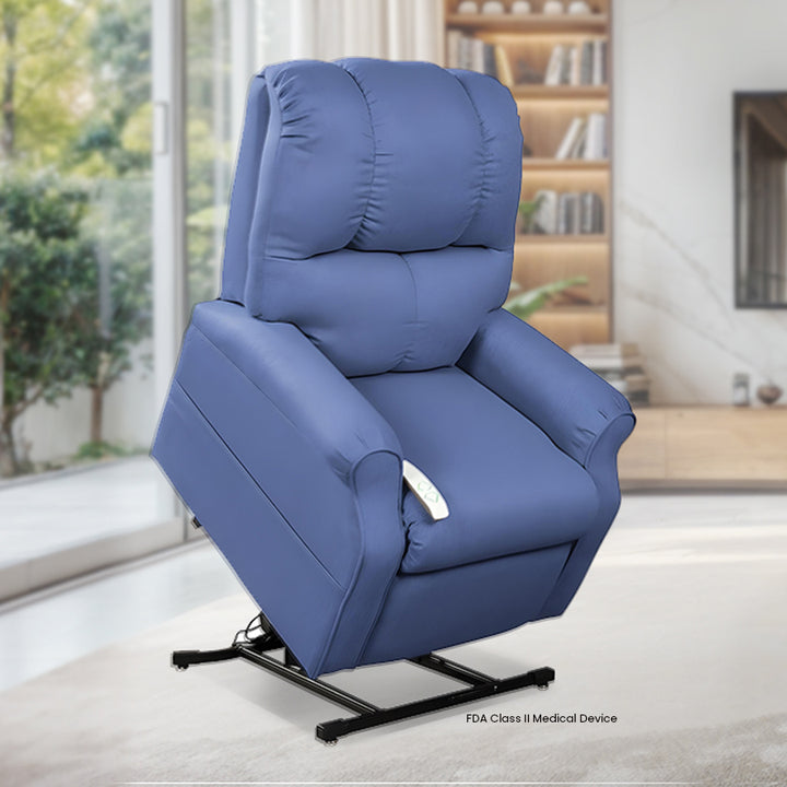 Mega Motion MM-2001 Pocono 3 Position Lift Chair in Midnight Color; Lifestyle image set in a tidy, inviting room from Wish Rock Relaxation
