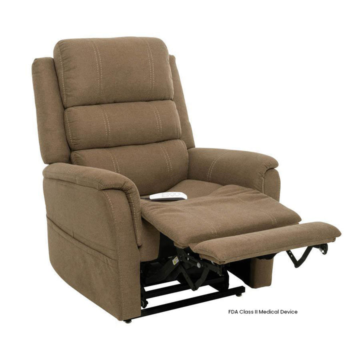 Mega Motion MM-3603 iNFI ATTAIN Infinite Position Lift Chair in Latte color upright sitting position with legrest raised.