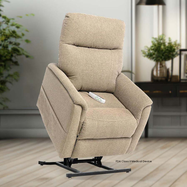 Mega Motion MM-6410 Trio Piccolo Benti Petite 3-Position Lift Chair in Latte Color in the lift position; Lifestyle image set in a clean and elegant room from Wish Rock Relaxation