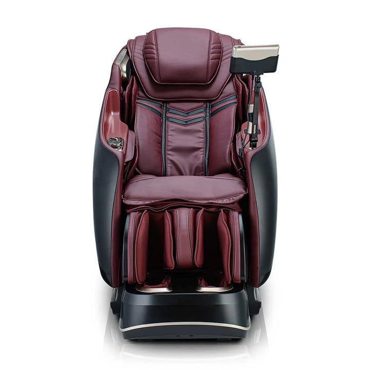JPMedics KaZe Duo Massage Chair in black/burgundy front-facing view of the showcasing plush cushioning and foot massage section.