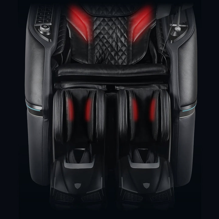 Osaki Trion Flex Duo 4D+3D Massage Chair in black. Front view showing red-lit heating zones in back and calves.