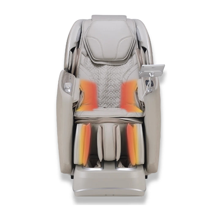 Osaki Manhattan Duo Mech 4D Massage Chair in beige showing heated lumbar and calf zones with red-orange highlights.