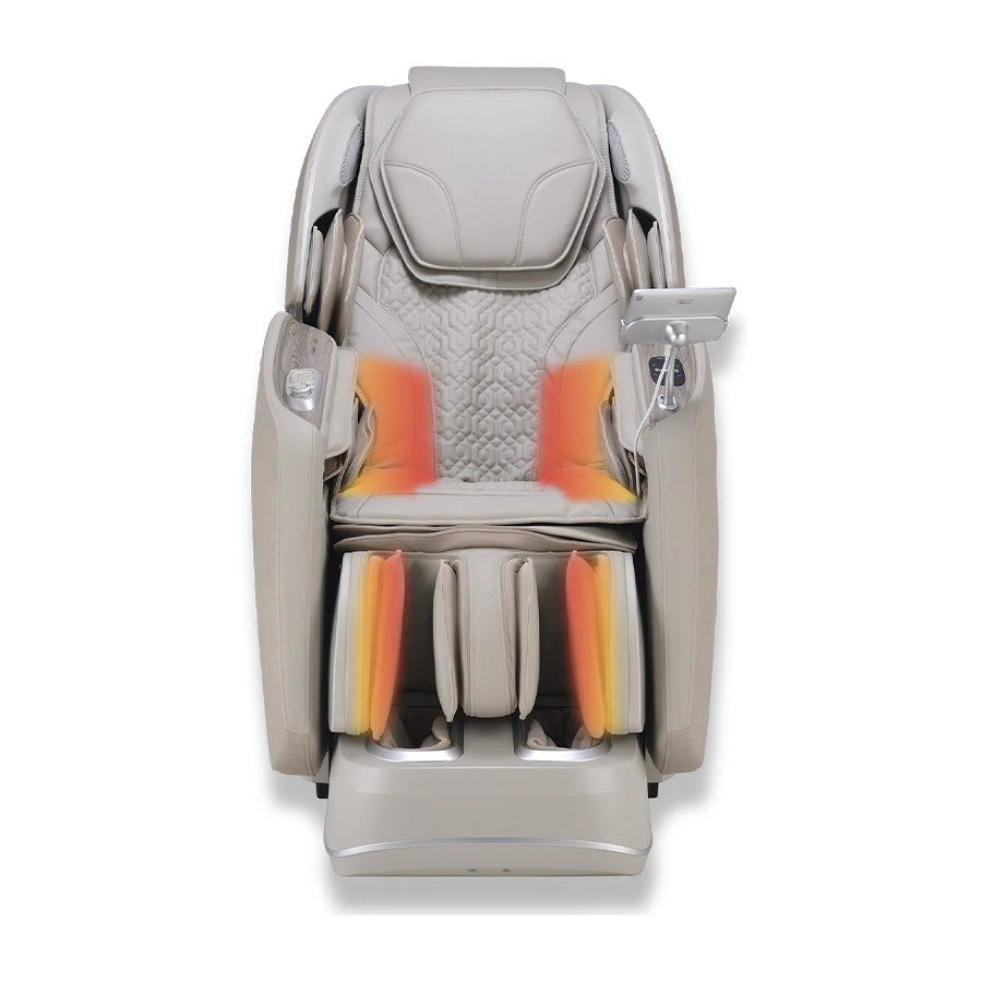 Osaki Manhattan Duo Mech 4D Massage Chair in beige showing heated lumbar and calf zones with red-orange highlights.