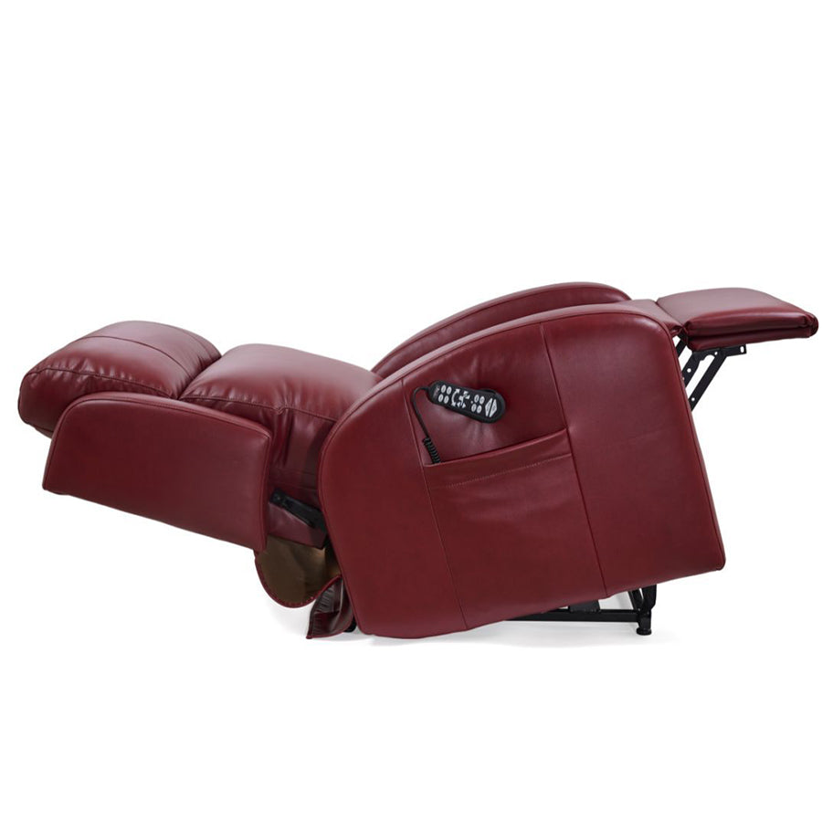 Ultracomfort UC793 Liftchair in Redwood color fully reclined in zero gravity and side remote pocket.