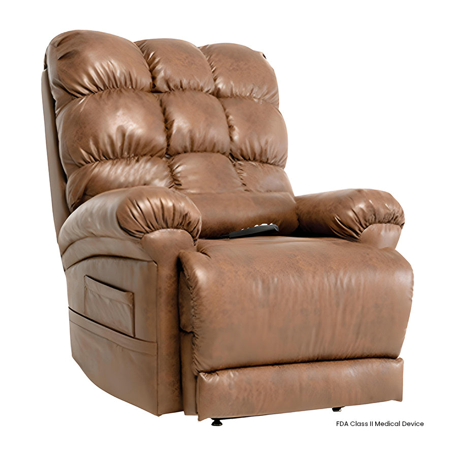 Mega Motion MM-1652 Watford Infinite Position Power Lift Chair in Honey color shown in an upright seated position.