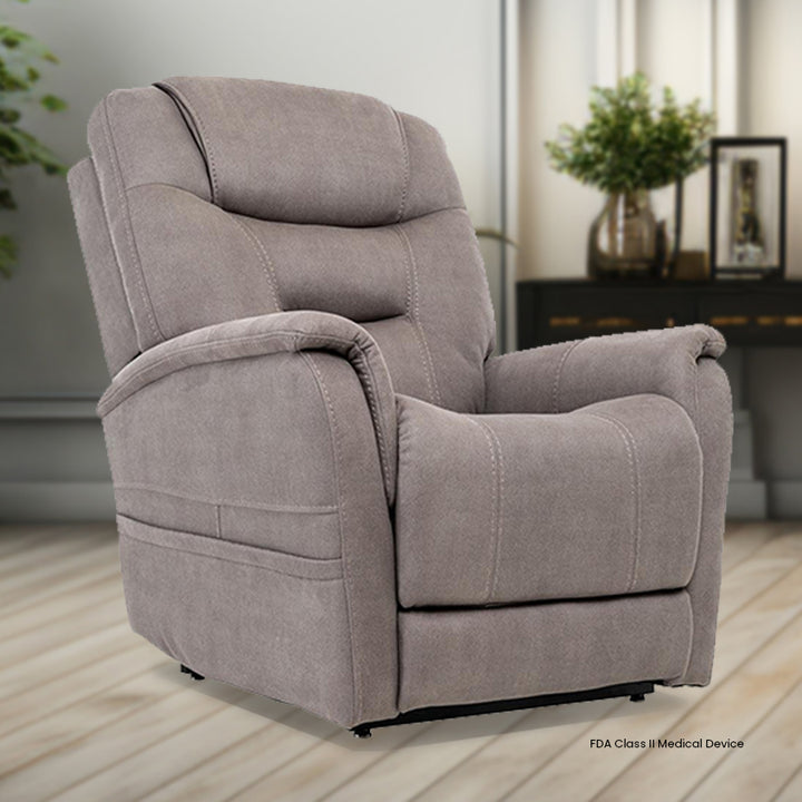 Mega Motion MM-3730 iNFI Elite Stonewash Large Infinite Position Lift Chair in Dove color; Lifestyle image in a tidy room from Wish Rock Relaxation