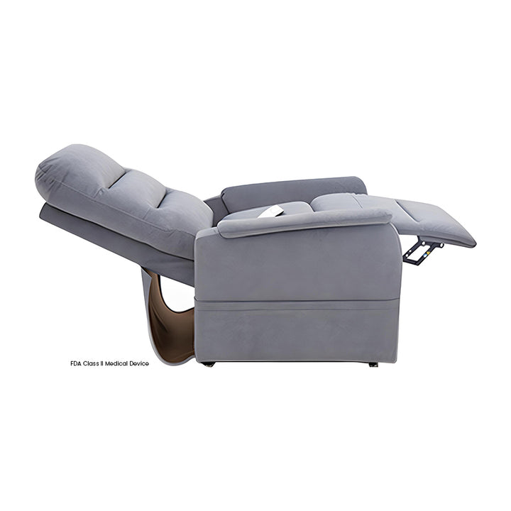 Mega Motion MM-4020 Arula Lift Chair in Dolphin color shown fully reclined in a lay-flat sleep position.