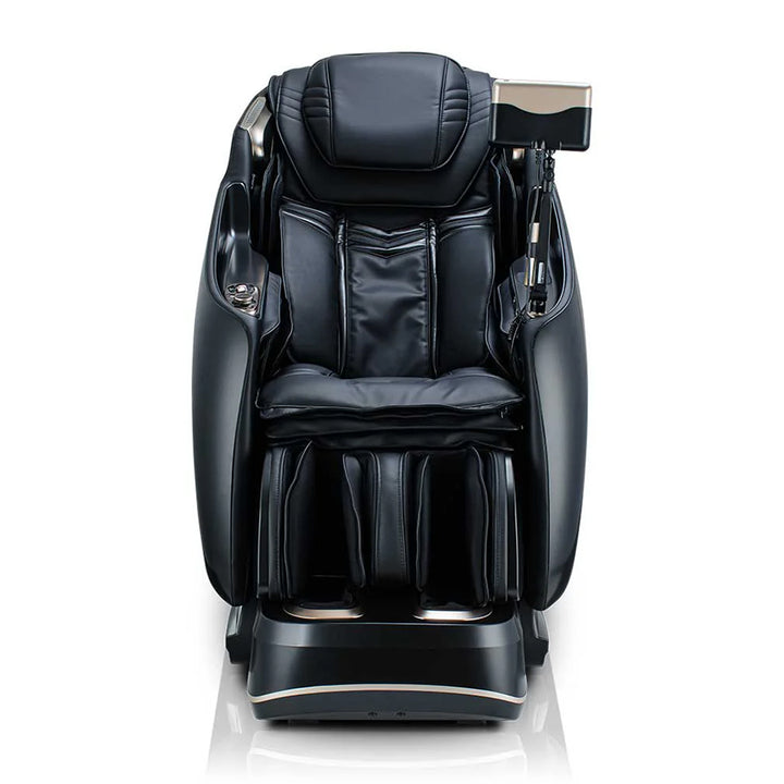 JPMedics KaZe Duo Massage Chair in black front-facing view of the showcasing plush cushioning and foot massage section.