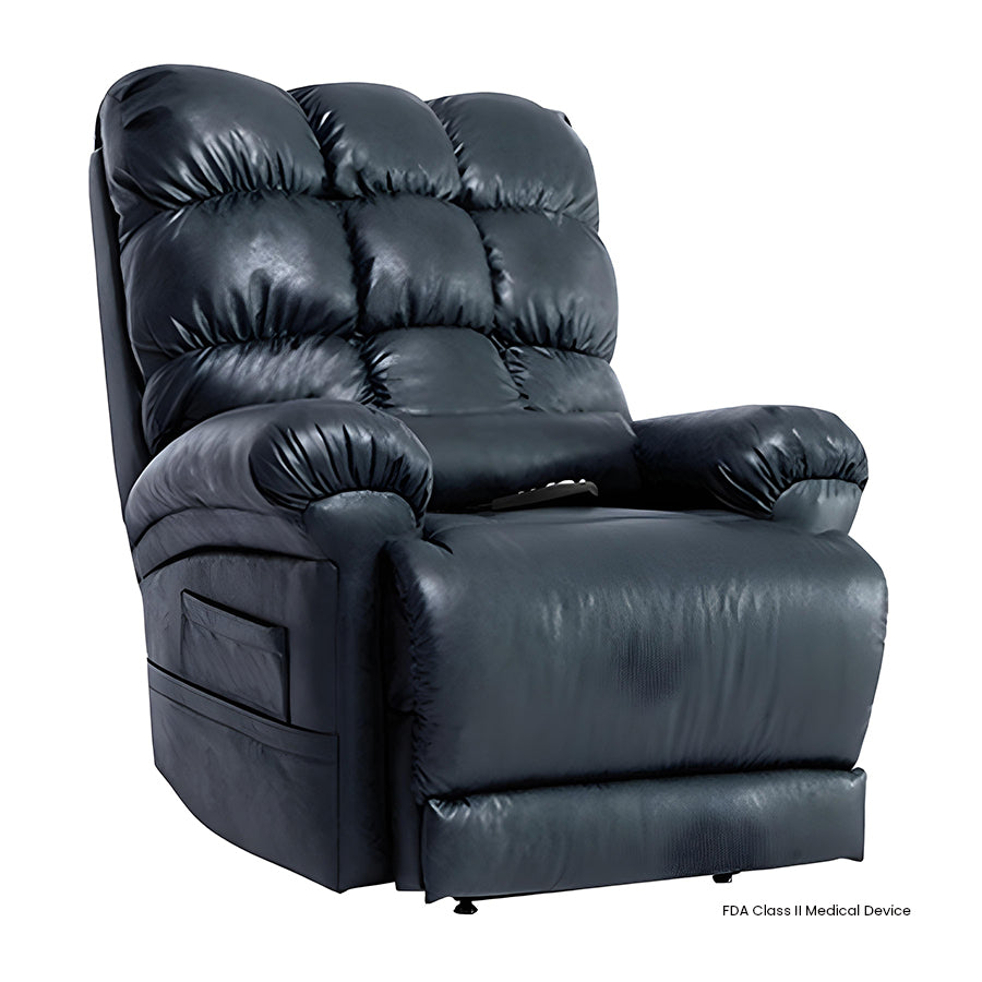 Mega Motion MM-1652 Watford Infinite Position Power Lift Chair in Navy color shown in an upright seated position.