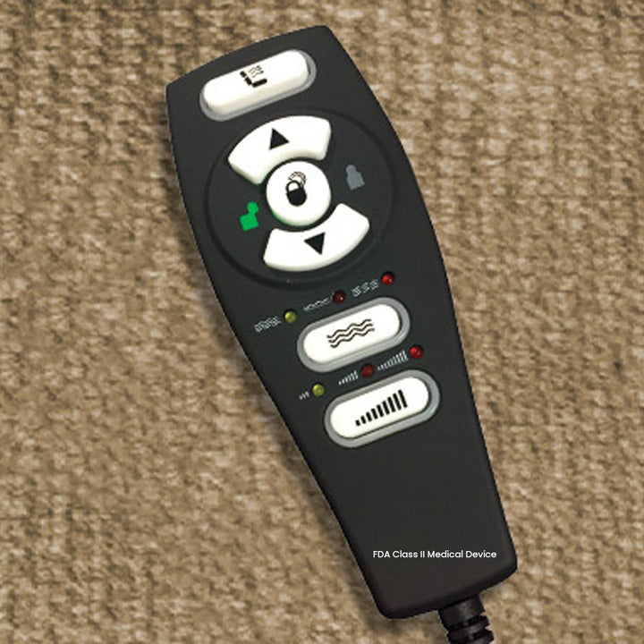 Mega Motion MM-3601 Trio Invigorate 3 Position Lift Chair remote control with buttons for lift, recline, and massage settings.