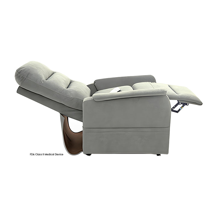 Mega Motion MM-4020 Arula Lift Chair in Dove color shown fully reclined in a lay-flat sleep position.