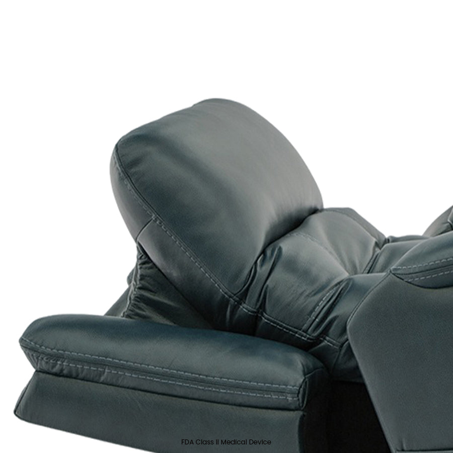 Mega Motion MM-3975 iNFI Elite Infinite Position Leather Lift Chair in Ocean Color showcasing Power Pillow for adjustable neck and head support