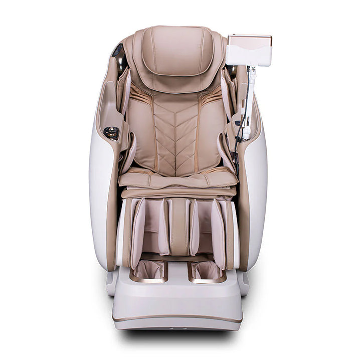 JPMedics KaZe Duo Massage Chair in beige/white front-facing view of the showcasing plush cushioning and foot massage section.