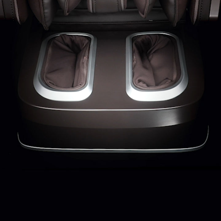 Osaki Manhattan Duo Mech 4D Massage Chair in brown with view of foot massage chambers featuring fabric liners.