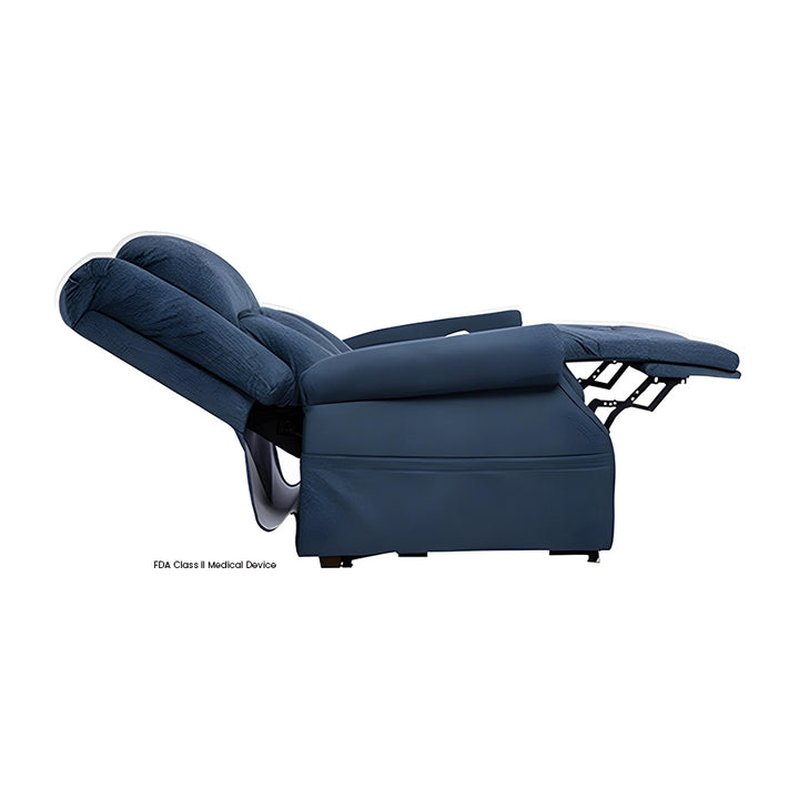 Mega Motion MM-7001 Vance 3 Position XL Lift Chair in Blue Color in a Lay-Flat position which allows the muscles to relax, allowing your discs that separate your vertebrae to expand.