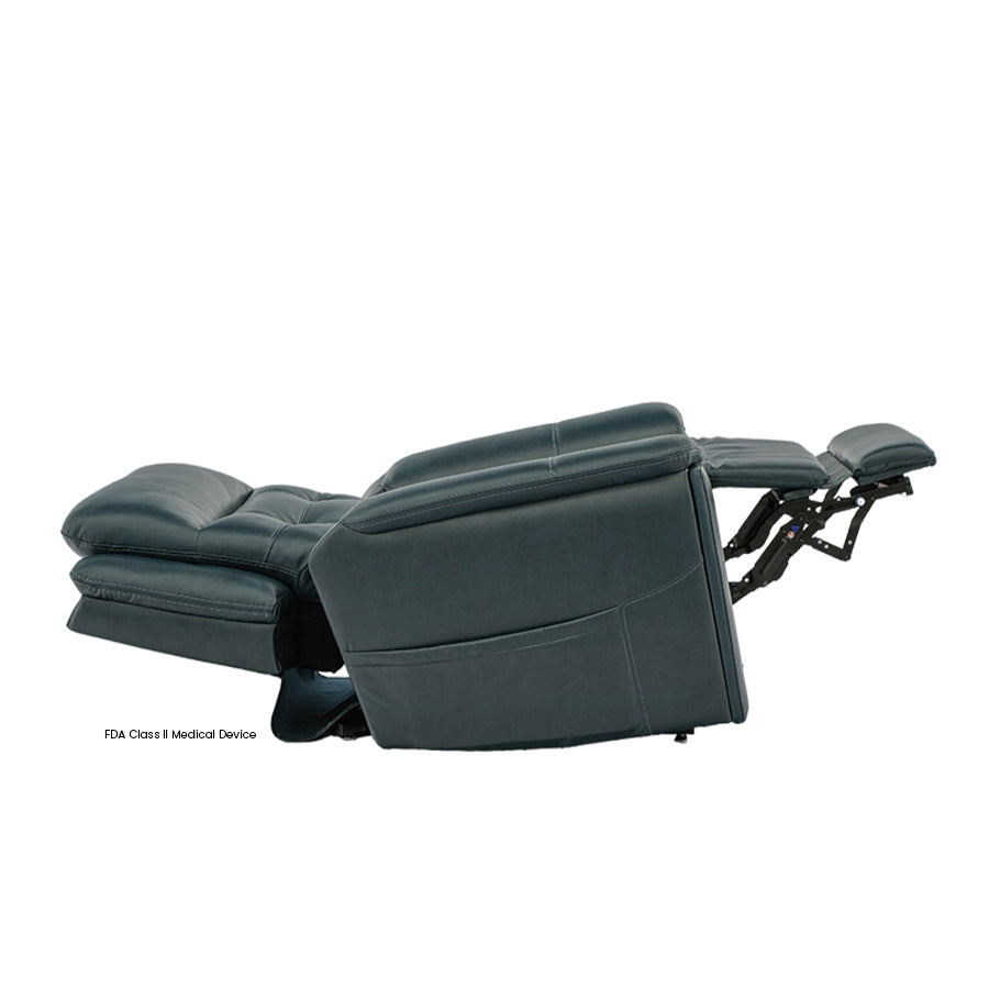 Mega Motion MM-3975 iNFI Elite Infinite Position Leather Lift Chair in Ocean Color showcasing Trendelenburg Position to enhance circulation and relieve swelling in the legs.