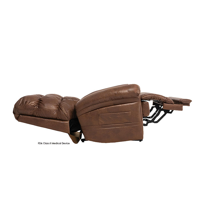 Mega Motion MM-1652 Watford Infinite Position Power Lift Chair in Cognac color shown fully reclined in a lay-flat sleep position.