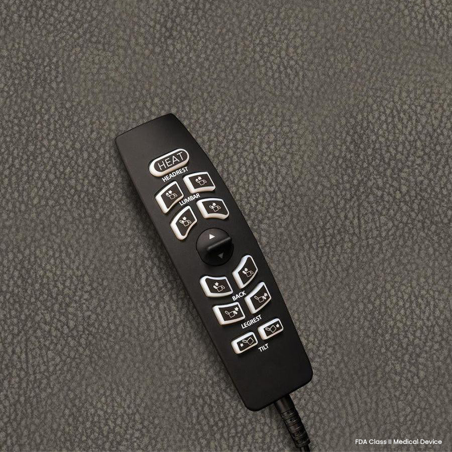 Mega Motion MM-3900 Arula Large Infinite Position Lift and Tilt Chair close-up of the handheld remote control to help you customize your chair's position according to your preference