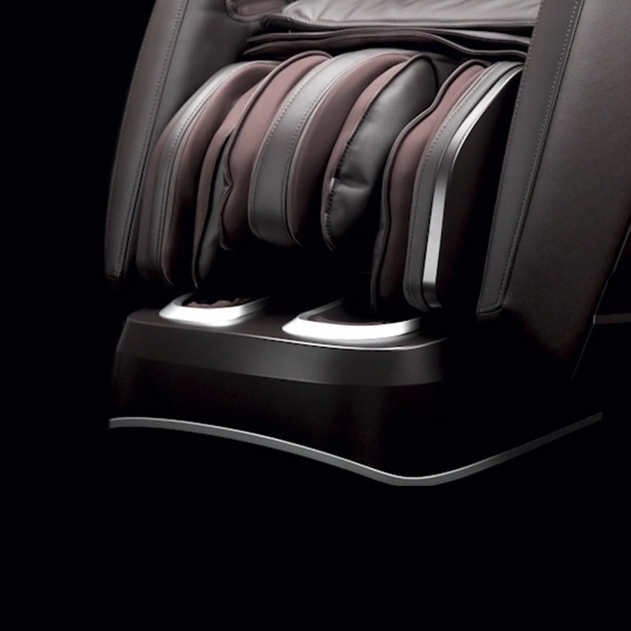 Osaki Manhattan Duo Mech 4D Massage Chair in brown showing close-up of calf and foot massage compartments.