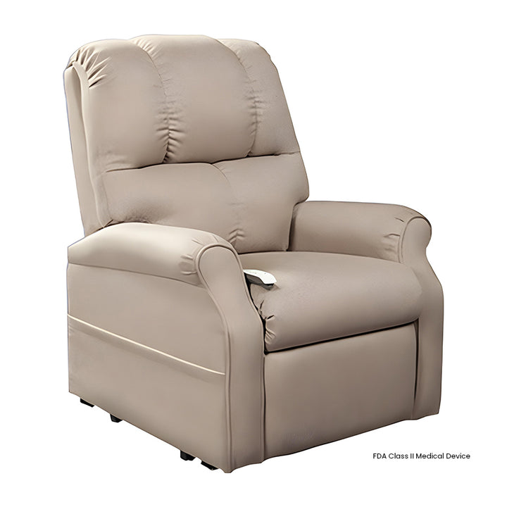 Mega Motion MM-2001 Pocono 3 Position Lift Chair in Portobello color shown in an upright seated position.