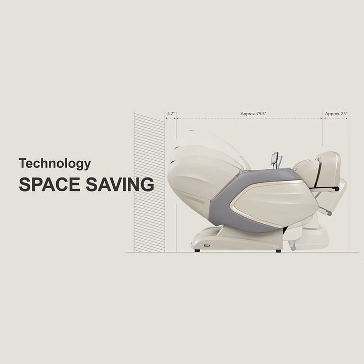 Osaki OS-Pro 4D Emperor Massage Chair in Taupe/Gray showing space-saving design with only 4.7 inches needed from the wall.