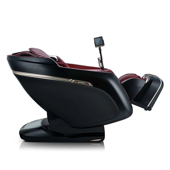JPMedics KaZe Duo Massage Chair in black/burgundy shown in reclined position with tablet control mount.