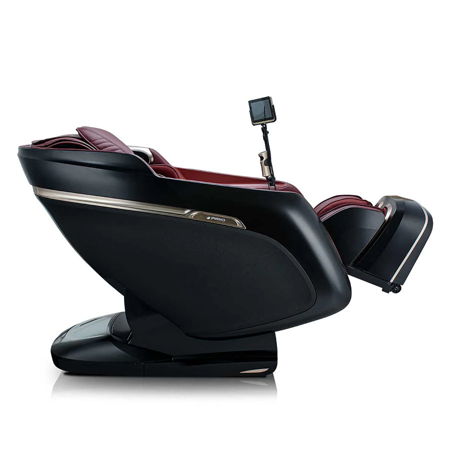 JPMedics KaZe Duo Massage Chair in black/burgundy shown in reclined position with tablet control mount.