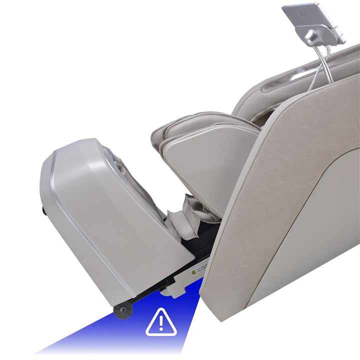 Osaki Manhattan Duo Mech 4D Massage Chair in taupe featuring base safety sensor projection icon.