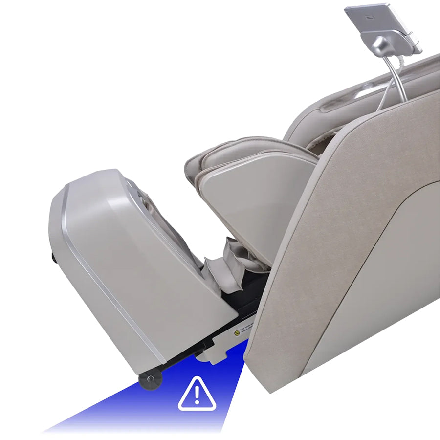 Osaki Manhattan Duo Mech 4D Massage Chair in taupe featuring base safety sensor projection icon.