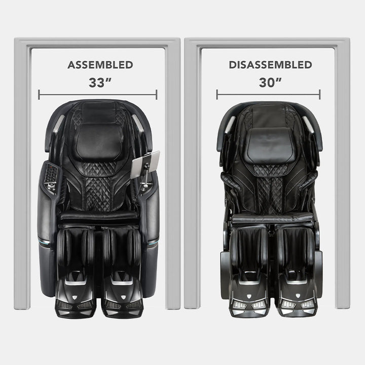 Osaki Trion Flex Duo 4D+3D Massage Chair in black. Comparison of 33-inch assembled width vs 30-inch disassembled width for doorway fit—from Wish Rock Relaxation.
