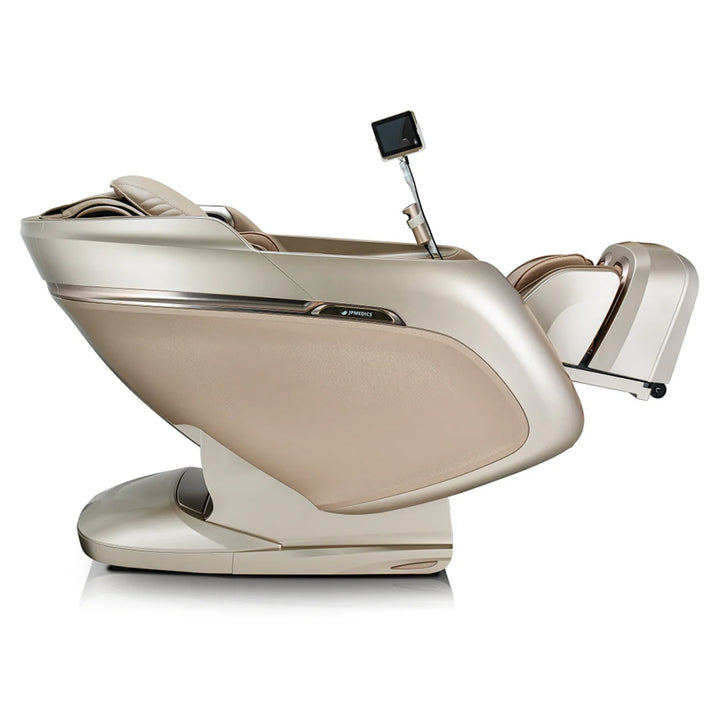 JPMedics KaZe Duo Massage Chair in beige/champagne shown in reclined position with tablet control mount.