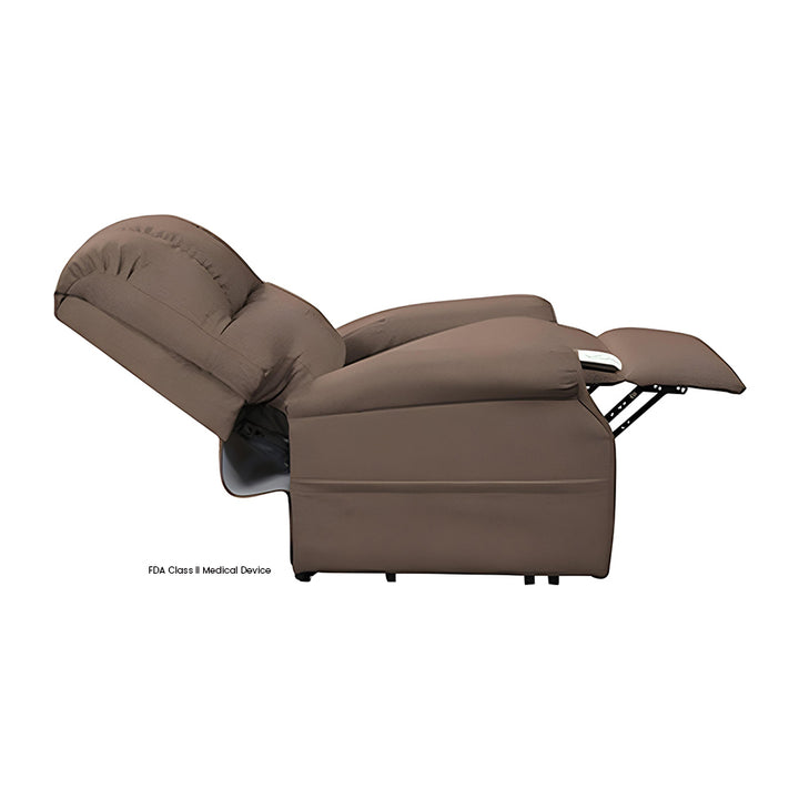 Mega Motion MM-2001 Pocono 3 Position Lift Chair in Chocolate color shown fully reclined in a lay-flat sleep position.