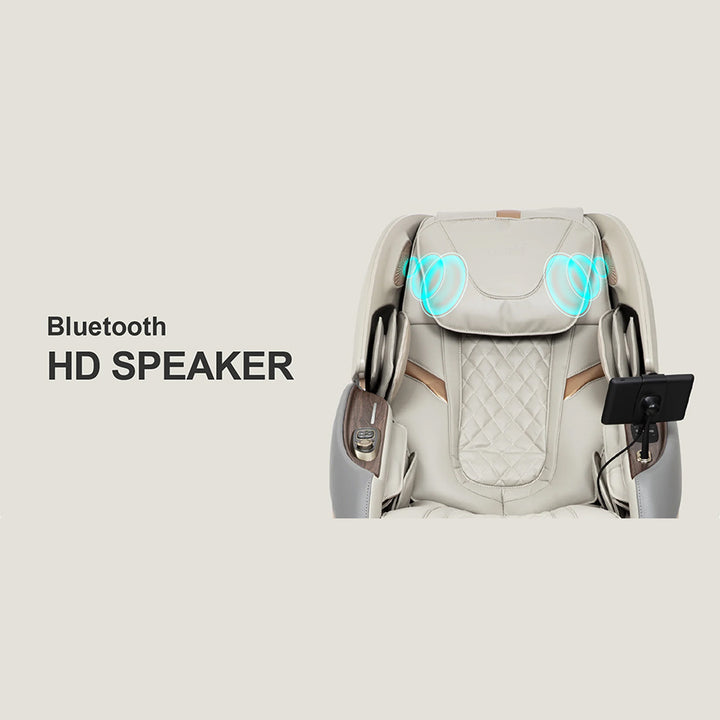 Osaki OS-Pro 4D Emperor Massage Chair featuring built-in Bluetooth HD speakers near the headrest.