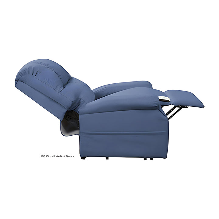 Mega Motion MM-2001 Pocono 3 Position Lift Chair in Midnight color shown fully reclined in a lay-flat sleep position.