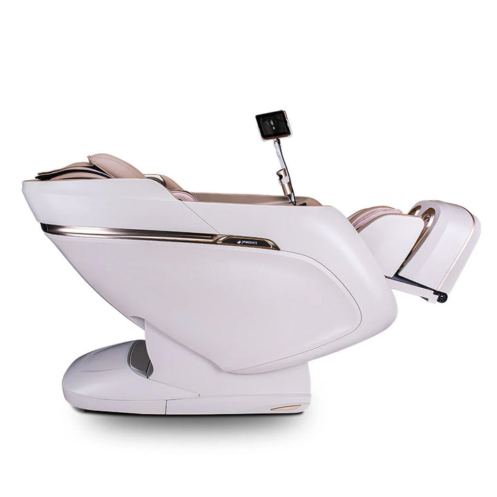 JPMedics KaZe Duo Massage Chair in beige/white shown in reclined position with tablet control mount.