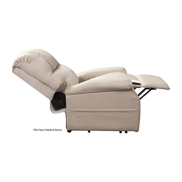 Mega Motion MM-2001 Pocono 3 Position Lift Chair in Portobello color shown fully reclined in a lay-flat sleep position.