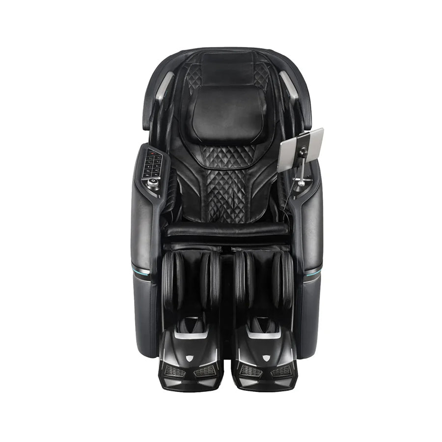 Osaki Trion Flex Duo 4D+3D Massage Chair in black. Front-facing view showcasing quilted upholstery and touchscreen tablet from Wish Rock Relaxation.